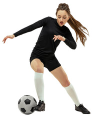 Dynamic image of young girl, soccer player in action, motion, training, dribbling ball isolated on transparent background. Concept of sport, competition, tournament, game, active lifestyle
