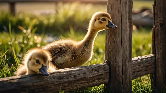 Cute goslings on a farm in summer
