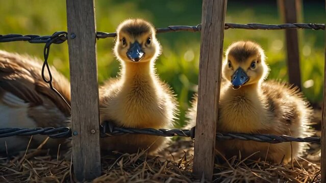 Cute goslings on a farm in summer