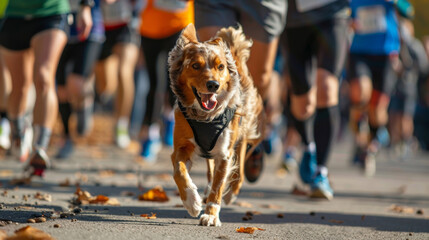 A dog runs a marathon, keeping pace with the runners, displaying incredible athleticism and determination