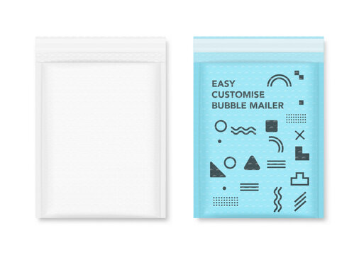 Poly bubble mailer padded envelope shipping bag mockups. Vector illustration isolated on white background. Easy customise, ready for your design. EPS10.