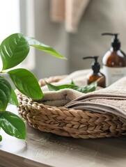 Fototapeta premium Rattan basket with natural organic SPA cosmetic products and towel, green leaves on table in bathroom. Herbal skincare beauty products design, branding 
