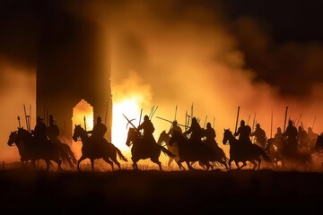 Medieval battle scene with cavalry and infantry. Silhouettes of figures as separate objects, fight between warriors on sunset foggy background