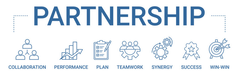 Partnership concept banner icon contain of collaboration, performance, plan, teamwork, synergy, success, and win-win vector illustration