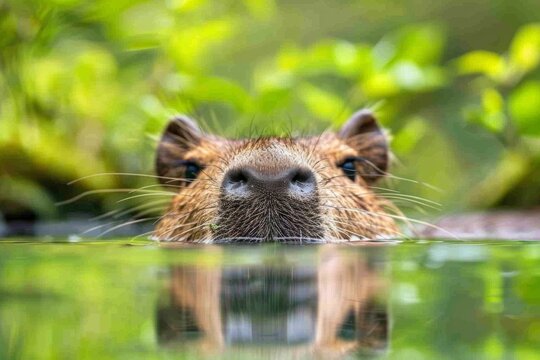 Curious capybara peeking over water in natural habitat