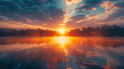 Stunning Sunrise Over Tranquil Lake with Reflective Water and Dramatic Sky