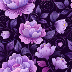 Elegant seamless pattern featuring purple flowers and leaves on a dark background, perfect for textiles and wallpapers.