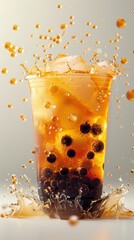 Realistic levitation photography of boba tea in a clear glass, floating against a white studio background, detailed boba pearls, high resolution 8K