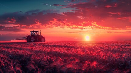 Fototapeta premium Tractor Spraying Field During Sunset