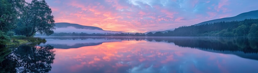 Fototapeta premium Serene Sunrise Over Calm Lake with Reflections of Trees and Mountains in the Background