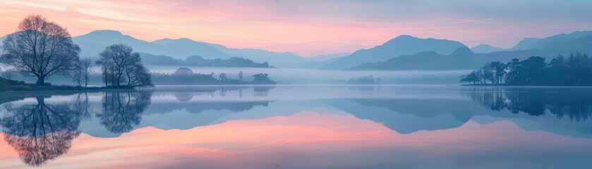 Fototapeta premium Serene Sunrise Over Misty Lake with Reflections of Trees and Mountains in the Background