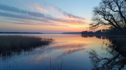 Stunning Sunset Over Tranquil Lake with Reflections and Silhouetted Trees in Serene Natural Landscape