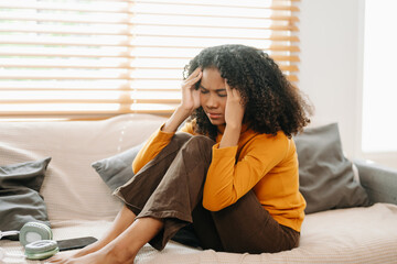 woman sit Depression Dark haired  pensive glance Standing by window and anxiety Copy space.