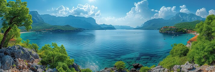 Seascape, sea and mountains, sunny, calm day in the sea valley, marine tourism, marine wallpapers, banner