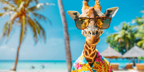 A giraffe wearing sunglasses and a Hawaiian shirt posing for the camera on an exotic beach with palm trees