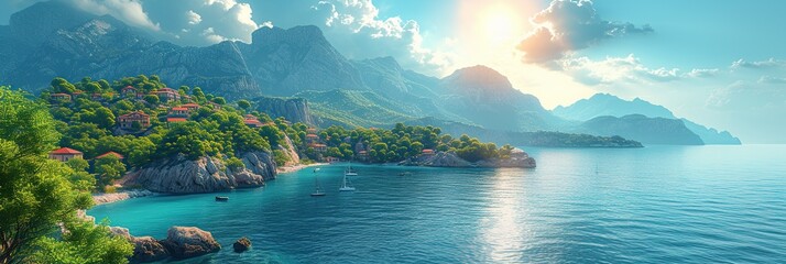 Seascape, sea and mountains, sunny, calm day in the sea valley, marine tourism, marine wallpapers, banner