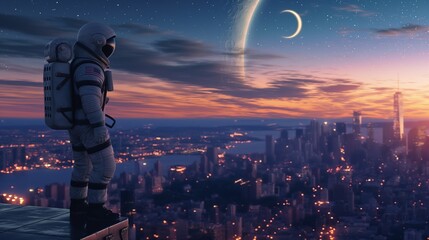 Astronaut standing on a rooftop, overlooking a futuristic cityscape at dusk with a crescent moon and a planet in the sky, creating a sci-fi ambiance.	