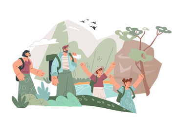 Family traveling with backpacks in mountains, flat vector illustration isolated on white. Family travel, hiking and tourism. Mountaineering activity.