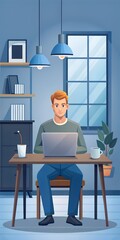 Young Man Working on Laptop in Modern Office