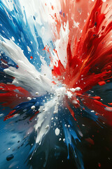 An abstract background with paint burst in red, white, and blue, colors of American flag.