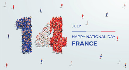 Happy National Day France. A large group of people form to create the number 14 as France celebrates its National Day on the 14th of July. Vector illustration.
