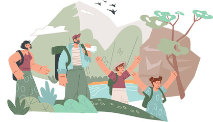 Family traveling with backpacks in mountains. Family travel, hiking and tourism. Mountaineering activity.