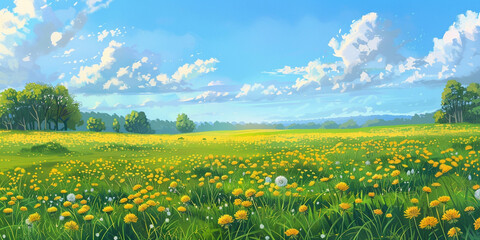Obraz premium A beautiful field of yellow dandelions, green grass and blue sky