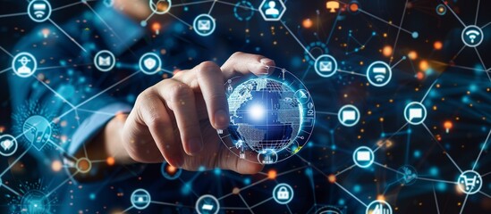 Businessman Touching Digital Icon of Global Network and Data Transfer on Virtual Screen, Surrounded by Icons Representing Technology, Marketing, and Social Media. Concept for Internet of Things and Bi