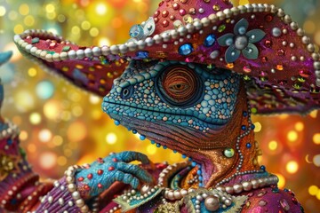 Fototapeta premium colorful chameleon in festive attire with sparkling backdrop