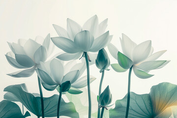A serene image of white lotus flowers in full bloom, showcasing their delicate beauty and tranquil essence against a light background.