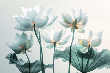 A serene image of white lotus flowers in full bloom, showcasing their delicate beauty and tranquil essence against a light background.