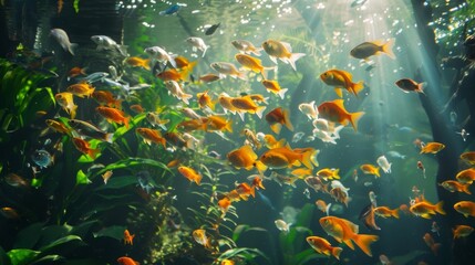 A school of vibrant fish swim happily in their solarpowered tank surrounded by lush greenery and natural sunlight.