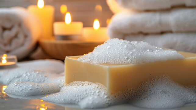 Close-up of frothy soap bar with lit candles and rolled towels in spa setting