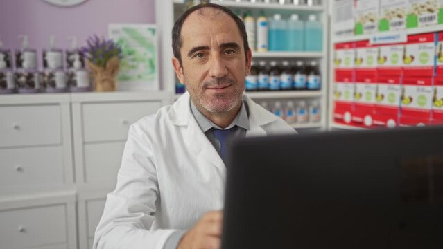 Middle-aged hispanic man in pharmacy shop indoors making ok gesture in front of laptop