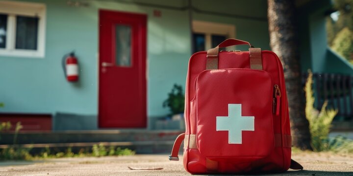 A red first aid kit with a white cross sits on the ground in front of a house