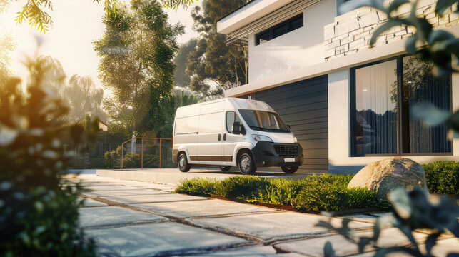 Cleaning service van with branding parked in front of a house, showcasing professional home cleaning services. Cleaning company. Copyspace