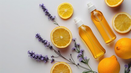 Aromatic cleaning products with fresh scents, such as lavender and citrus, for a refreshing home environment. Cleaning company. Copyspace