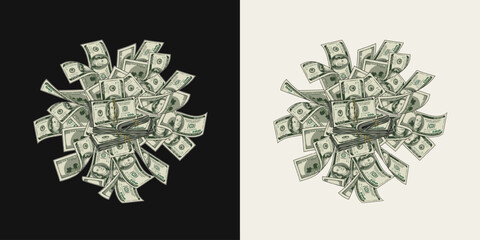 Money dollar circular composition like burst with pile of flying apart 100 dollar notes, banknotes. Design element in vintage style.