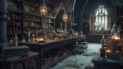 medieval alchemist lab filled with mysterious potions and ancient tomes