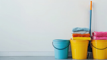 Fototapeta premium Neatly organized professional cleaning tools like mops and buckets against a white wall. Cleaning company. Copyspace