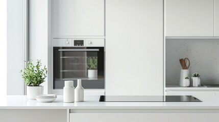 Pristine kitchen with sparkling appliances and countertops, demonstrating thorough cleaning. Cleaning company. Copyspace