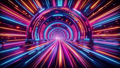 A futuristic tunnel of neon lights in pink, blue, and orange background, wallpaper 