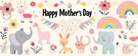 Happy Mother's Day" cute patterns  white background, vector graphics in the flat design style, colorful illustrations easter eggs