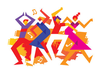 
Two dancing couples, wild crazy dance party,cartoon.
Expressive stylized Illustration of disco dancers. Isolated on white background. Vector available.