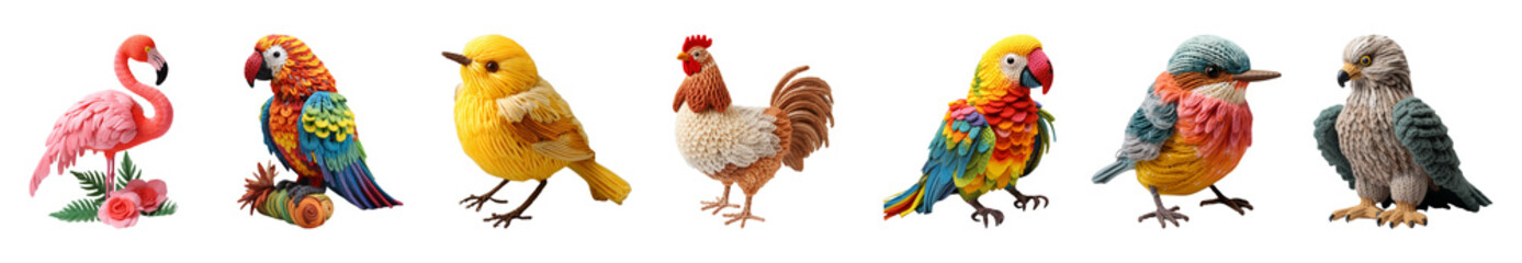 Fototapeta premium Knitted wild birds isolated on a transparent background. Handcrafted eco-friendly soft toys.