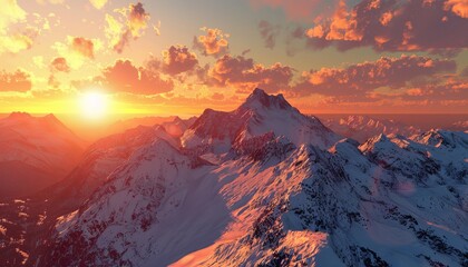 Stunning high quality image capturing sunset over majestic mountains on a beautiful sunny day