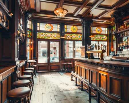 Elegant pub interior with a wooden bar, comfortable leather stools, and vibrant stained glass windows, exuding timeless charm