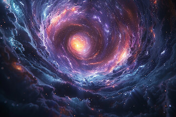 A mesmerizing cosmic vortex, with swirling clouds of vibrant nebulae and sparkling stars, drawing the viewer into a luminous galactic center