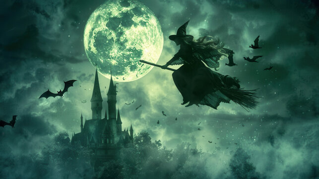 Witch flying on broomstick with full moon, bats, and haunted castle in the background