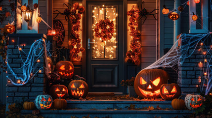 Obraz premium Spooky Halloween Porch with Pumpkin Lanterns, Spider Webs, and String Lights